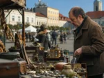 Mężczyzna przeglądający antyki i starocie na stoisku targu staroci na rynku