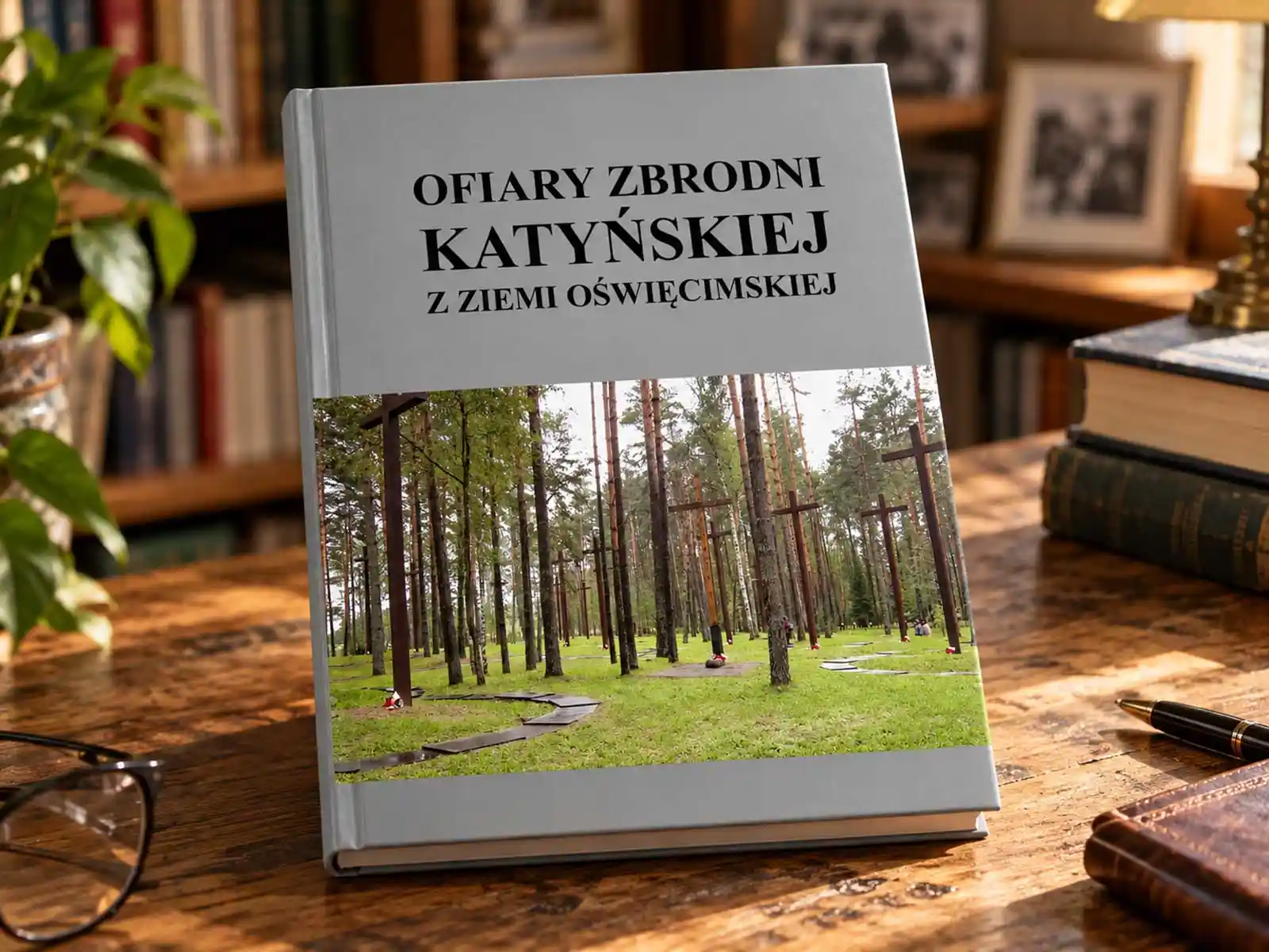 Ofiary zbrodni katyńskiej z ziemi oświęcimskiej – książka - NaszOświęcim - informacje i wydarzenia. Książka „Ofiary zbrodni katyńskiej z ziemi oświęcimskiej” na drewnianym biurku